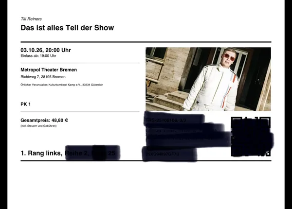 Ticket, z. T. geschwärzt aus Angst vor Betrug