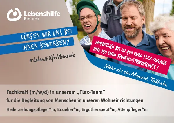 Lebenshilfe Bremen sucht eine Fachkraft (m/w/d) in unserem Flex-Team für die Begleitung von Menschen in unseren Wohneinrichtungen